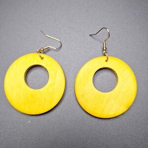 Mustard Yellow Wood earrings hollowed out hoop style